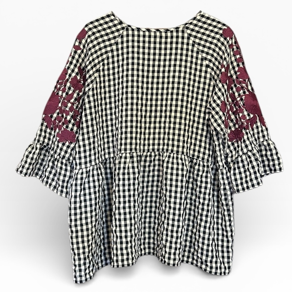Layerz Clothing Embroidered Top Pink Black Gingham Peasant Ruffled Size XL - Picture 2 of 11